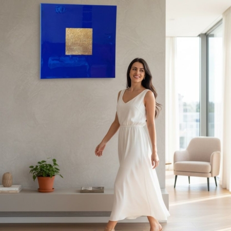 Acrylbild blau gold an Wand hängend mit Dame